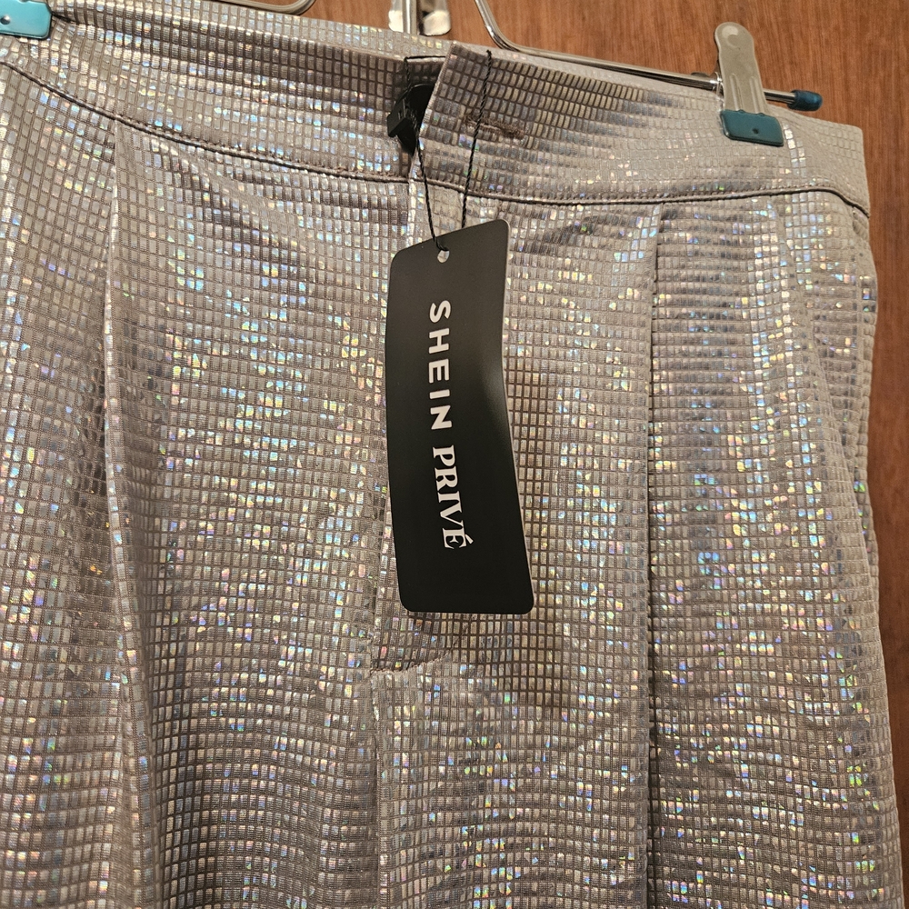 SHEIN Iridescent Silver Grid Pants
